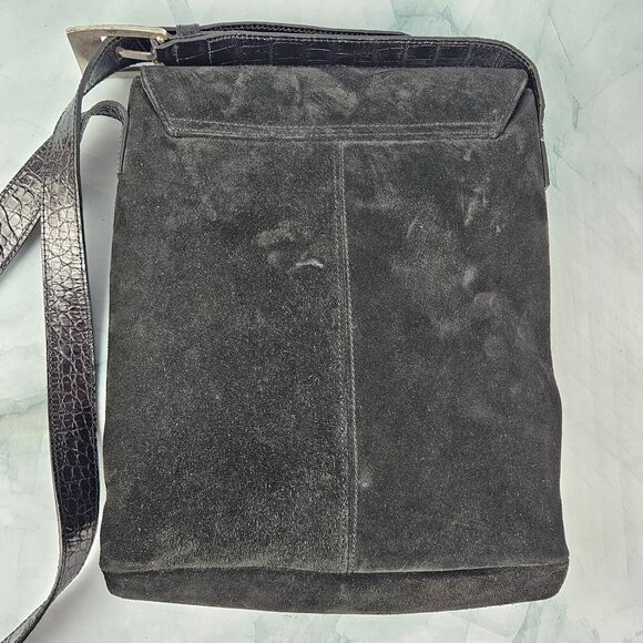 Fossil vintage suede saddle bag, black, croc strap silver hardware - Picture 2 of 9
